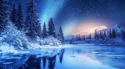 Fototapeta premium Mesmerizing winter landscape frozen lake, snow draped trees, and starry sky with aurora borealis