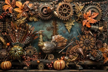 Fototapeta premium A unique banner that combines Thanksgiving elements with a steampunk aesthetic, featuring gears, cogs, and Victorian - era details