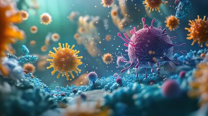 Fototapeta premium Colorful depiction of the immune system actively defending against harmful pathogens in a vibrant microscopic environment