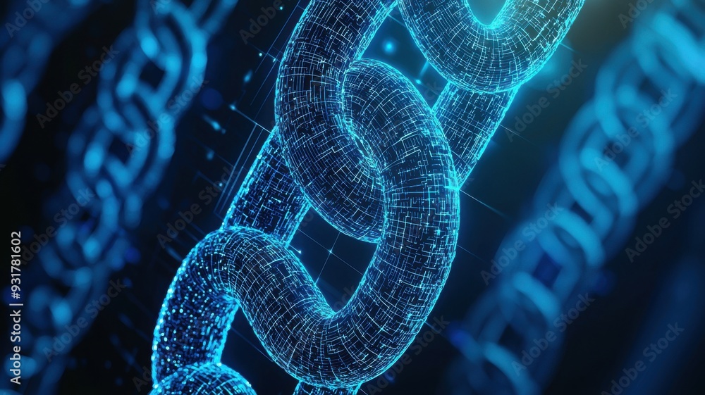 Aufkleber futuristic digital chain link in vibrant blue tones, representing technology and connectivity in a b