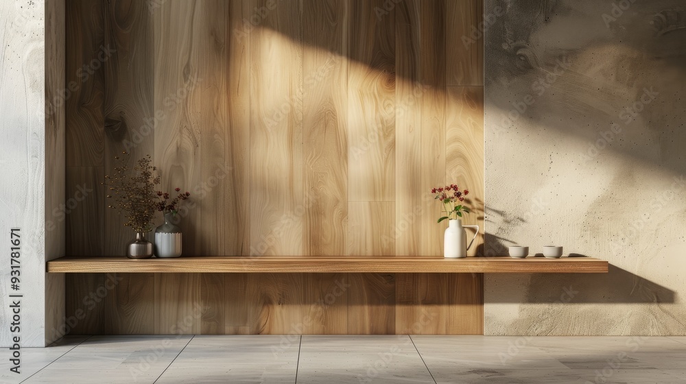 Poster wall mounted shelf in a showroom with wooden floor background for product display and text placement