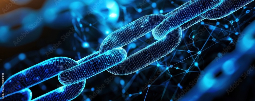 Poster futuristic digital chain representing network connectivity and blockchain technology in vibrant blue