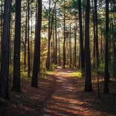 Obraz premium Inviting bicycle trail, snaking its way through a tranquil pine forest