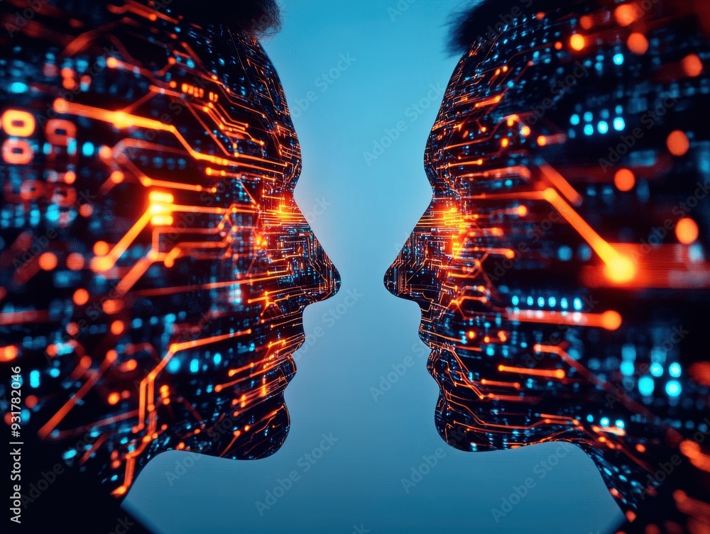 Poster futuristic representation of two human profiles with digital circuit patterns, symbolizing technolog