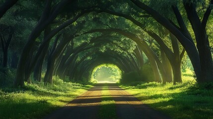 Enchanting country road with pine trees arching overhead