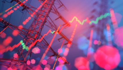 A stock market graph with an electric tower in the background, indicating high energy pole depths and challenges for growth and support of electricity. 