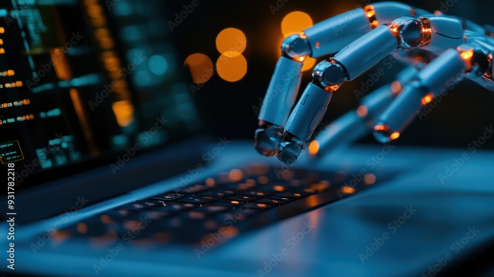 Poster futuristic robotic hand interacting with a laptop, symbolizing advanced technology and artificial in