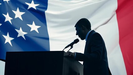 Individual Speaking at Podium Against American Flag