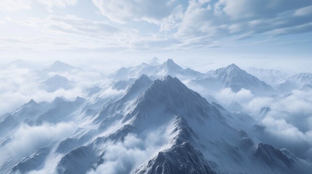 Expansive mountain range with jagged peaks and rolling clouds, offering a captivating natural scene with high-altitude beauty