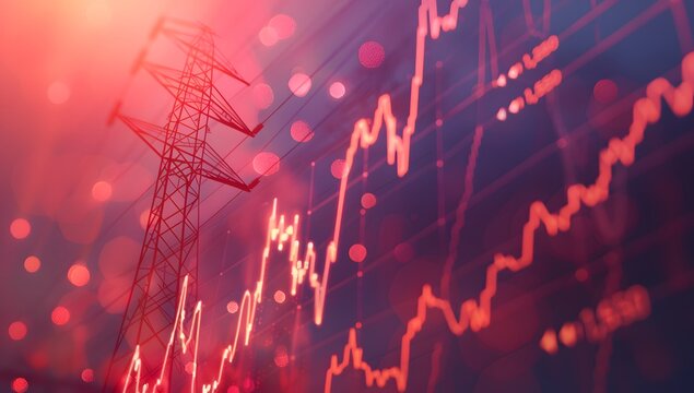 A stock market graph with an electric tower in the background, indicating high energy pole depths and challenges for growth and support of electricity. 