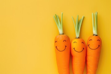 cheerful smiling carrot character on a colored background. children's healthy eating concept.