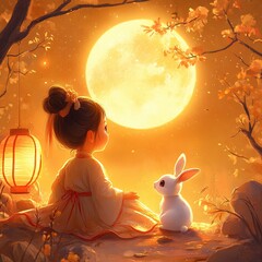 Cute little girl wearing Chinese style cloth, admiring the moon with rabbit.