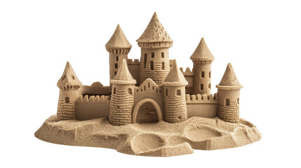 A detailed 3D illustration of a sandcastle built from sand, capturing the creativity and fun of constructing a castle from sand on the beach isolated on transparent background cutout png