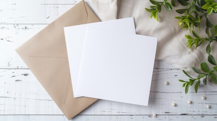 Card mockup, white blank wedding invitation with floral decor on bue wooden background. Greeting card mockup with white dried flowers on table