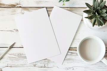 Card mockup, white blank wedding invitation with floral decor on bue wooden background. Greeting card mockup with white dried flowers on table