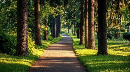 Fototapeta premium A peaceful park scene with a winding footpath through lush greenery and trees