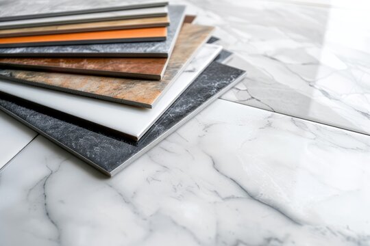 Samples of a ceramic tile in shop. Colored samples of ceramic tiles for kitchen or bathroom interior material design of house, floor, porcelain stoneware.