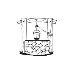 Well Vector Collection Set, Eye-Catching well Water Vector Illustration Isolated And Outline Vector, Water Well With Wooden Bucket, Vector Old Ancient Village Water Tank. Water Supply Well Drawing.