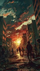 Fototapeta premium Zombies run through an abandoned city street illuminated by a stunning sunset sky