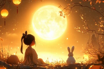 Cute little girl wearing Chinese style cloth, admiring the moon with rabbit.