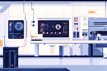 futuristic medical laboratory, holographic displays, touchscreens, and automated machinery, with a focus on innovation and the integration of technology in medical research illustration