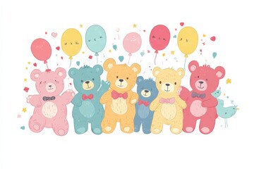 Obraz premium colorful teddy bears, each with unique expressions and accessories, gathered together in a playful arrangement with festive balloons and ribbons celebrating Teddy Bear Day Flat illustration