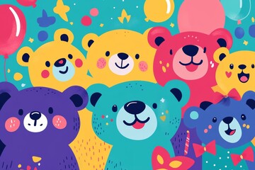 Fototapeta premium colorful teddy bears, each with unique expressions and accessories, gathered together in a playful arrangement with festive balloons and ribbons celebrating Teddy Bear Day Flat illustration