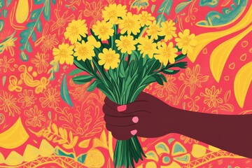 hand holding a bouquet of yellow Meskel flowers, symbolizing the arrival of the new year, set against a bright and festive background with traditional Ethiopian patterns. Enkutatash flat illustration.