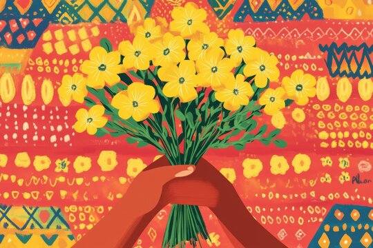 hand holding a bouquet of yellow Meskel flowers, symbolizing the arrival of the new year, set against a bright and festive background with traditional Ethiopian patterns. Enkutatash flat illustration.