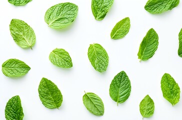 Delicate Mint Leaves on White Background, Gracefully Floating 