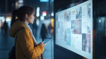 Young woman standing at news message screen, presenting a news message with advertising content, realistic and attention-grabbing visual.