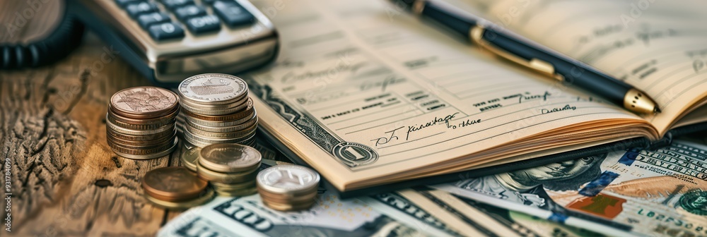 Fototapete a stack of cash and coins sit next to an open notebook with detailed notes and calculations on a woo