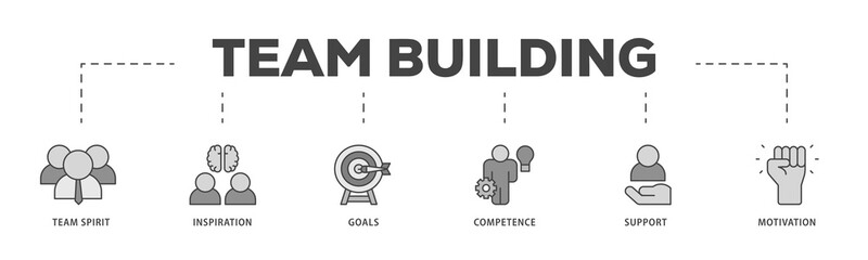 Team building icons process structure web banner illustration of team spirit, inspiration, goals, competence, support, and motivation icon png transparent background.