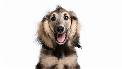 Fototapeta premium 笑顔のアフガン・ハウンドの子犬のポートレート（Portrait of a smiling Afghan Hound puppy on white background） 