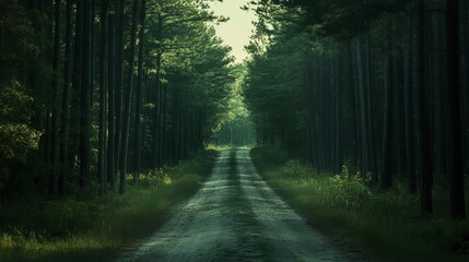 Obraz premium A winding dirt path leads through a lush green forest, sunlight filtering through the dense canopy of trees