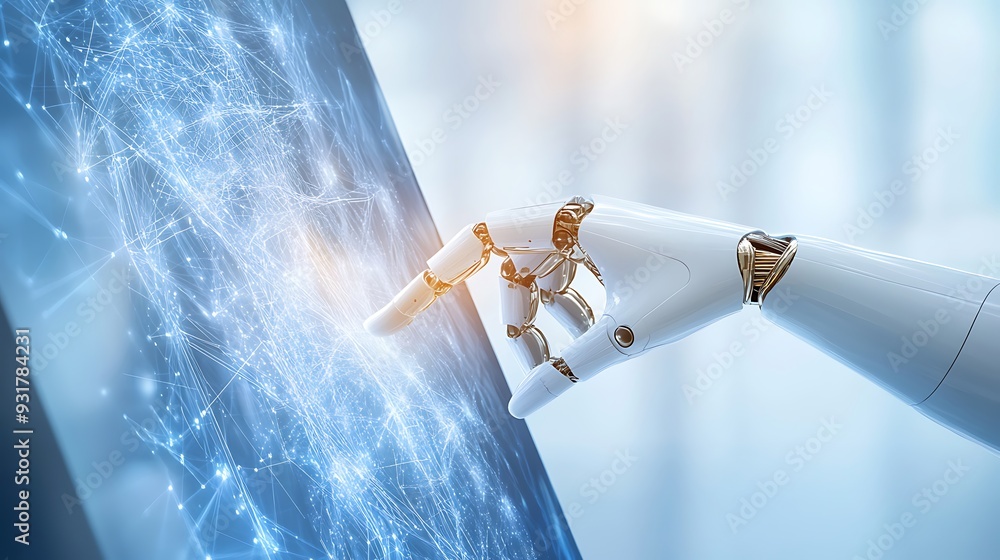 Poster robotic hand interacting with a digital interface, a futuristic concept of technology and artificial