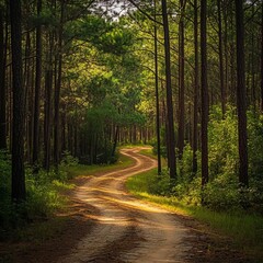 Fototapeta premium Autumnal footpath winds through verdant woods, sunlight dappling fallen leaves