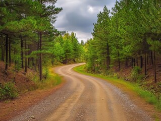 Fototapeta premium Picturesque country path winds through lush green forest under a clear blue sky