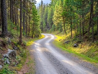 Obraz premium Autumnal path through a fog-shrouded forest, golden leaves carpeting the asphalt