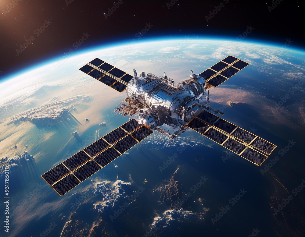 Poster imagery of a space station in orbit around earth, created with advanced digital technology and prese
