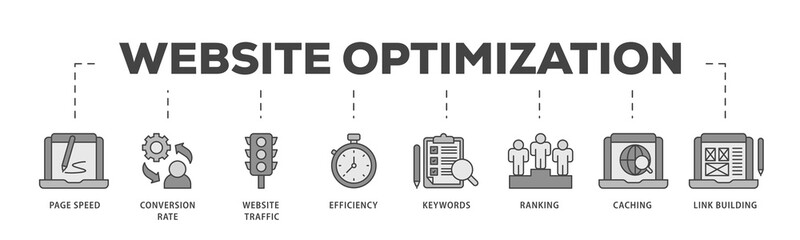 Website optimization icons process structure web banner illustration of page speed, conversion rate, website traffic, efficiency, keywords, ranking, caching  icon png transparent background. © kirale