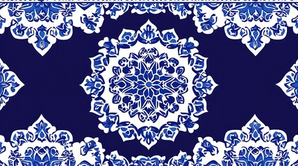 Seamless pattern with white floral designs on a deep blue background.
