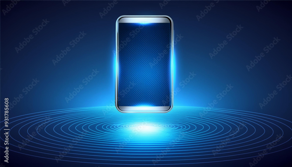 Poster innovative smartphone hovering on blue platform. advanced cellphone suspended with illuminated strip