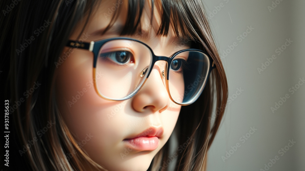 Sticker Young girl with glasses looking away