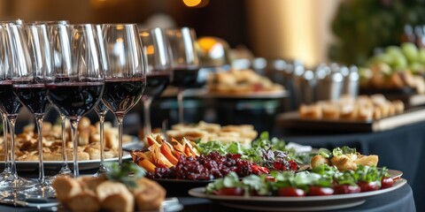 Corporate meeting night table with delicious appetizers and red wine in wine glasses