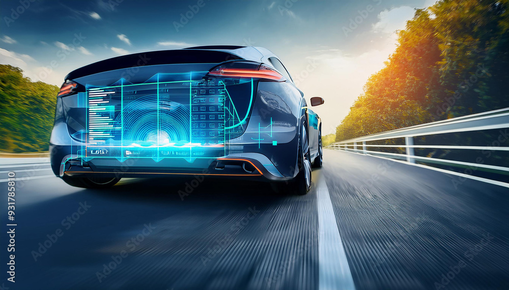 Poster intense view of a hybrid vehicle being powered, featuring an advanced digital display of car and ene
