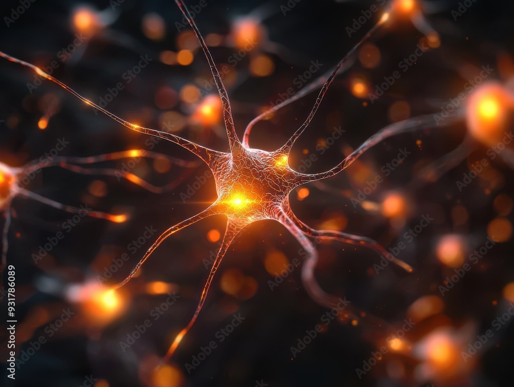 Poster vibrant close-up of a neuron showcasing intricate details and glowing connections in a dark backgrou