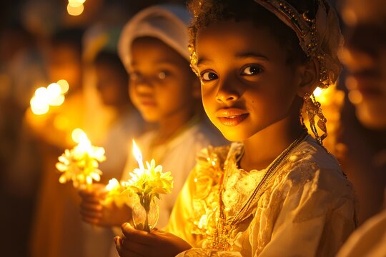 girls in traditional Ethiopian clothing, holding small candles and Meskel flowers, participating in a New Year's procession ritual, with warm, golden lighting capturing the festive spirit