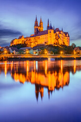 Fototapeta premium Meissen, Germany. Twilight blue sky over Albrechtsburg and the River Elbe, Saxony.