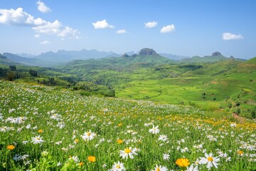 Obraz premium scenic Ethiopian landscape with lush green hills and a blooming Meskel flower field, symbolizing renewal and hope for the new year, with a clear blue sky above